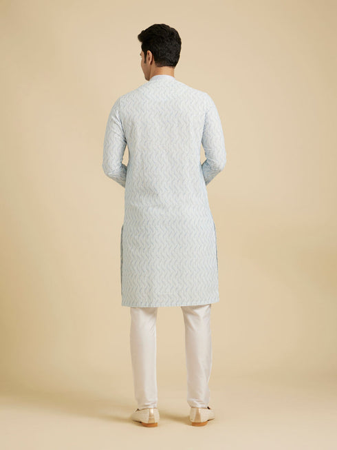 Manyavar Ice Blue Chikankari Printed Kurta Set with Sequin Work