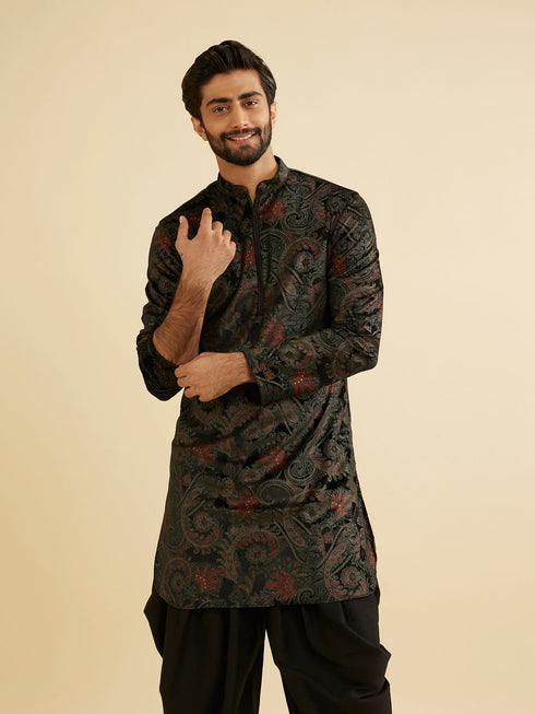 Manyavar Ebony Black Paisley Patterned Kurta Set with Rhinestone Work