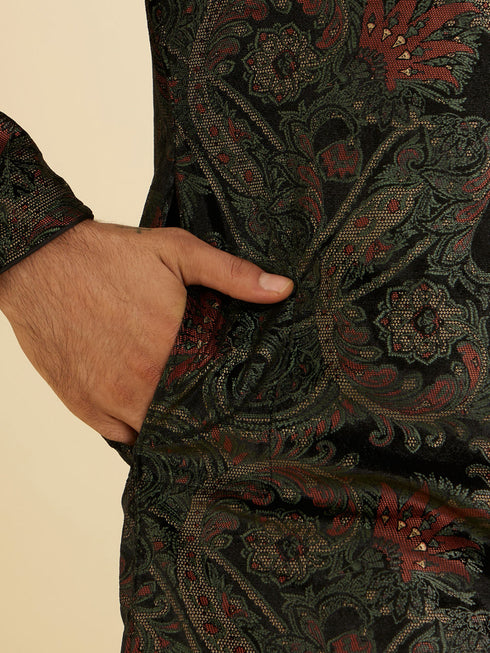 Manyavar Ebony Black Paisley Patterned Kurta Set with Rhinestone Work