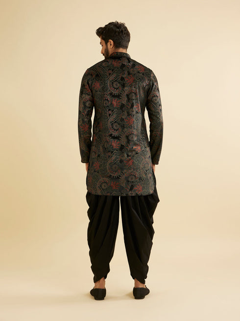 Manyavar Ebony Black Paisley Patterned Kurta Set with Rhinestone Work