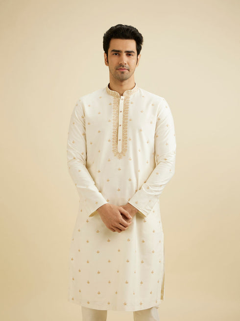 Manyavar Cream White Buta Patterned Kurta Set with Embroidered Neckline