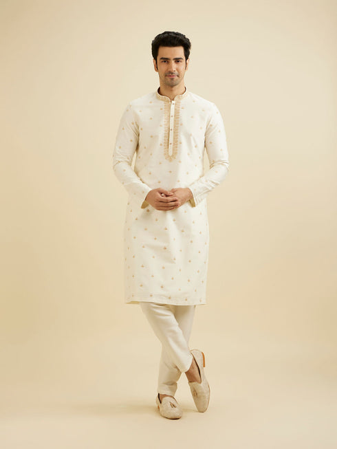 Manyavar Cream White Buta Patterned Kurta Set with Embroidered Neckline