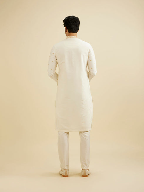 Manyavar Cream White Buta Patterned Kurta Set with Embroidered Neckline