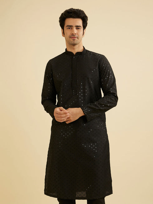 Manyavar Ebony Black Jaal Sequinned Kurta Set
