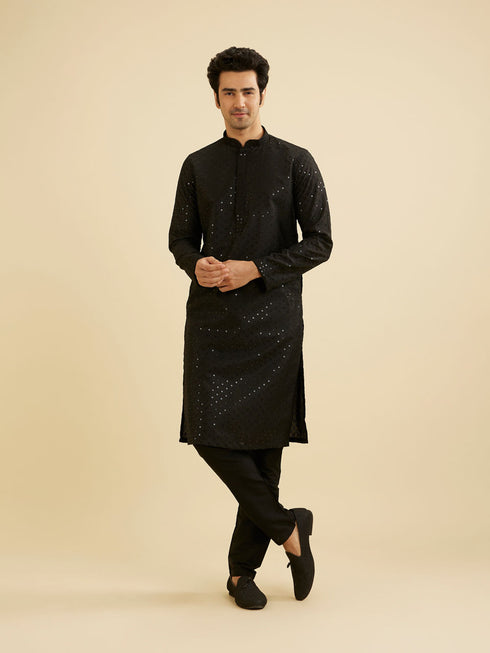 Manyavar Ebony Black Jaal Sequinned Kurta Set