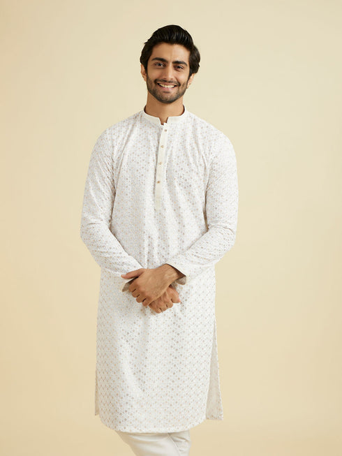 Manyavar Elegant White Cotton Kurta Pajama
