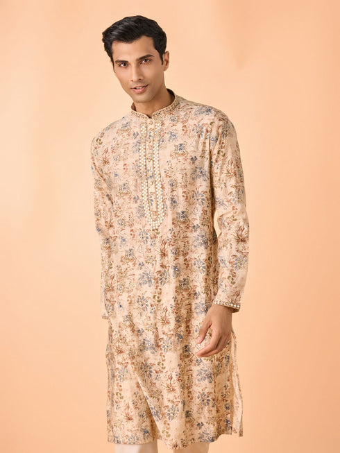 Manyavar Elegant Beige Viscose Kurta Pajama