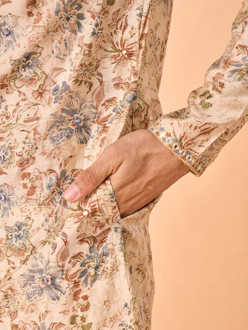 Manyavar Elegant Beige Viscose Kurta Pajama