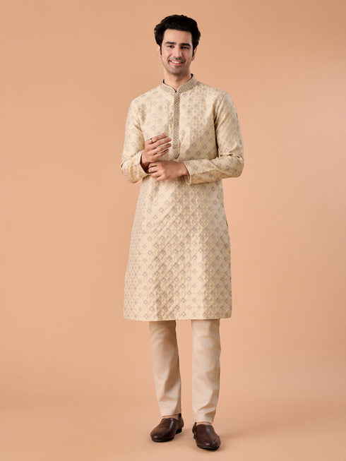 Manyavar Beige Brocade Kurta Pajama