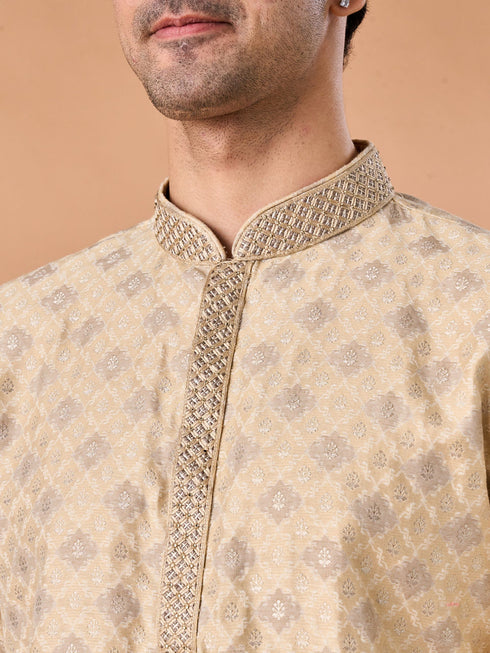 Manyavar Beige Brocade Kurta Pajama