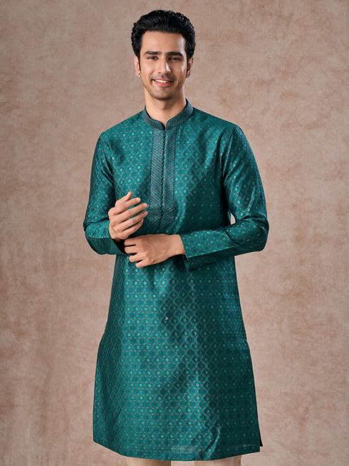 Manyavar Teal Green Brocade Kurta Pajama
