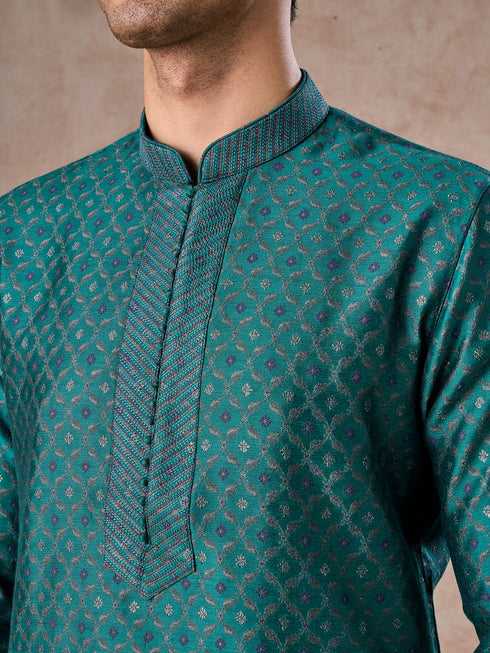 Manyavar Teal Green Brocade Kurta Pajama