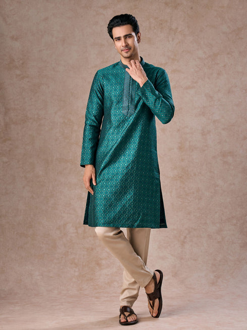Manyavar Teal Green Brocade Kurta Pajama