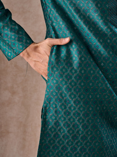 Manyavar Teal Green Brocade Kurta Pajama