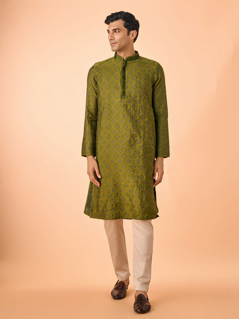 Manyavar Opulent Olive Green Kurta Pajama