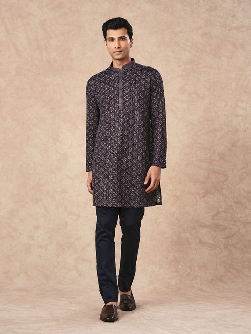 Manyavar Purple Blended Viscose Kurta Pant with Print
