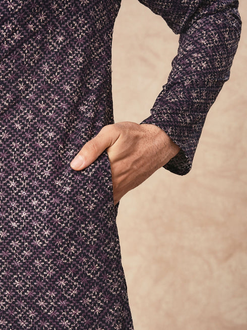 Manyavar Purple Blended Viscose Kurta Pant with Print