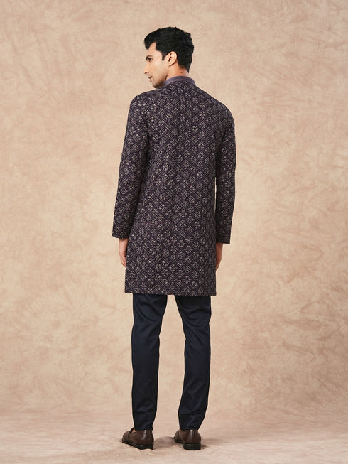 Manyavar Purple Blended Viscose Kurta Pant with Print