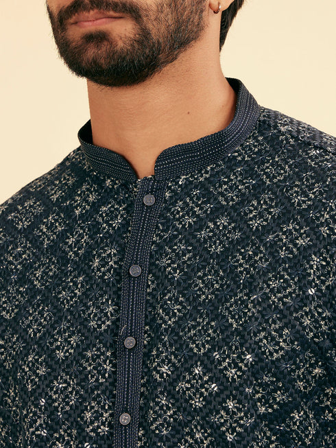 Manyavar Lustrous Dark Blue Kurta Pajama Ensemble
