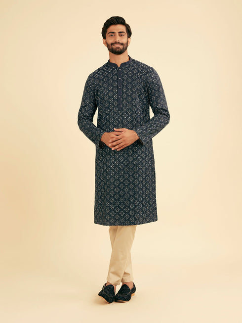 Manyavar Lustrous Dark Blue Kurta Pajama Ensemble