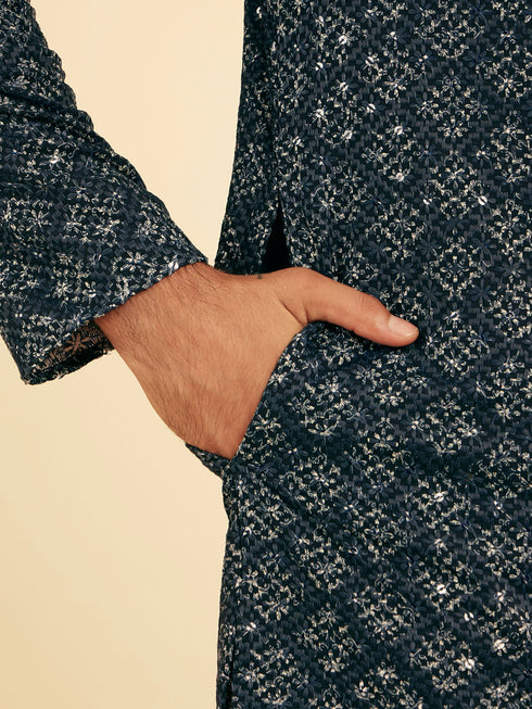 Manyavar Lustrous Dark Blue Kurta Pajama Ensemble