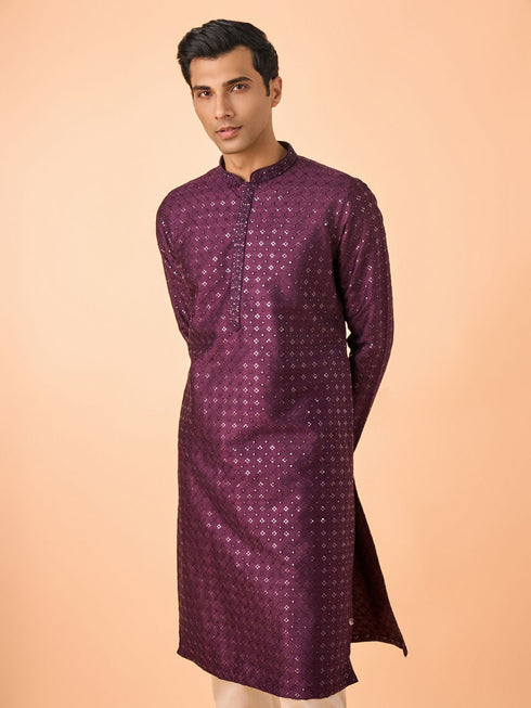 Manyavar Festive Wine Kurta Pajama Set