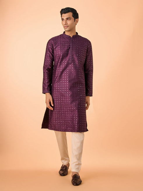 Manyavar Festive Wine Kurta Pajama Set