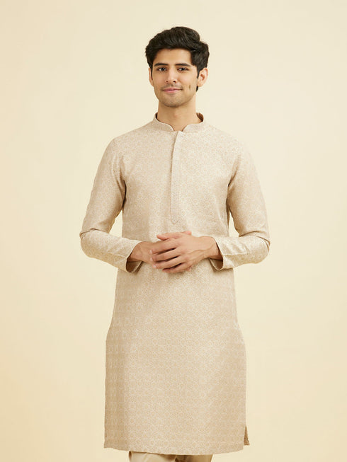 Manyavar Beige Brocade Kurta Pajama