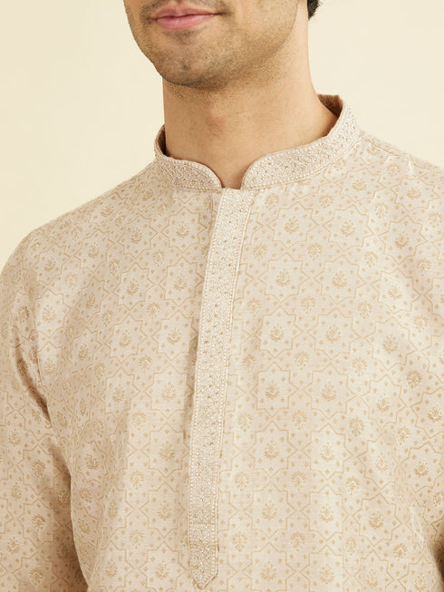 Manyavar Beige Brocade Kurta Pajama