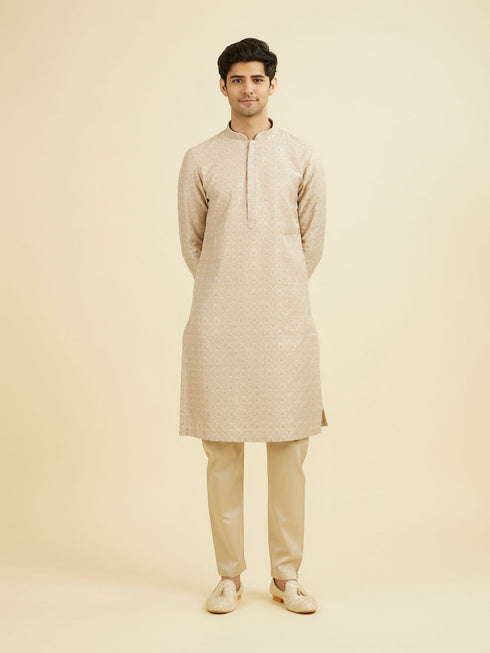 Manyavar Beige Brocade Kurta Pajama