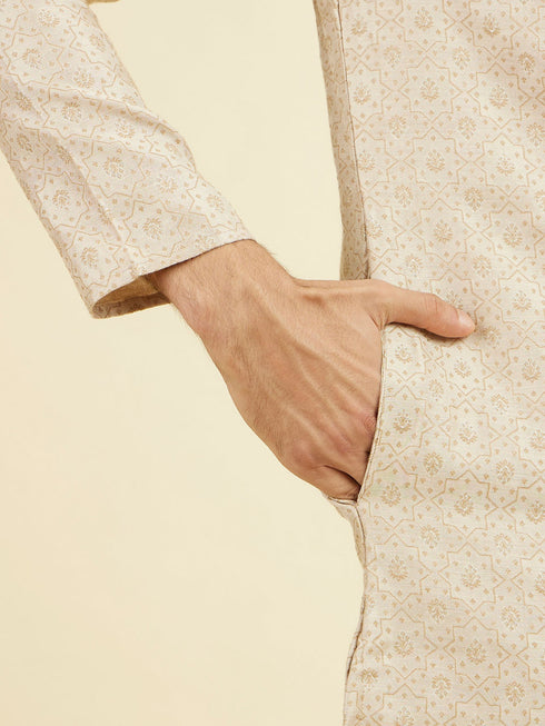 Manyavar Beige Brocade Kurta Pajama