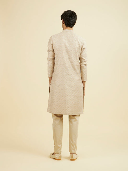 Manyavar Beige Brocade Kurta Pajama