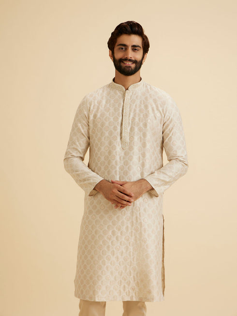 Manyavar Exquisite Beige Brocade Kurta Pajama Set