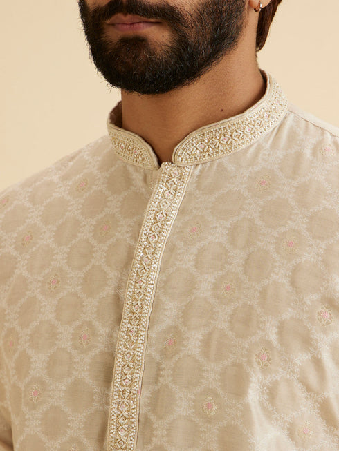 Manyavar Exquisite Beige Brocade Kurta Pajama Set