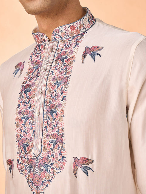 Manyavar Cream Satin Glory Kurta Pajama