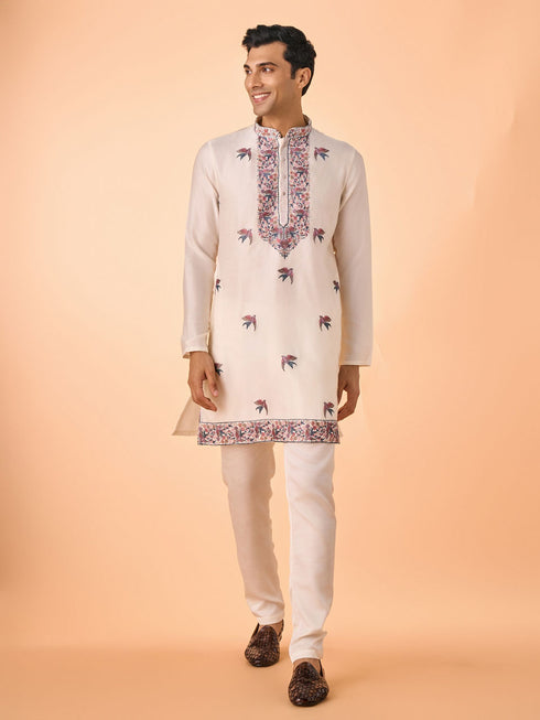 Manyavar Cream Satin Glory Kurta Pajama