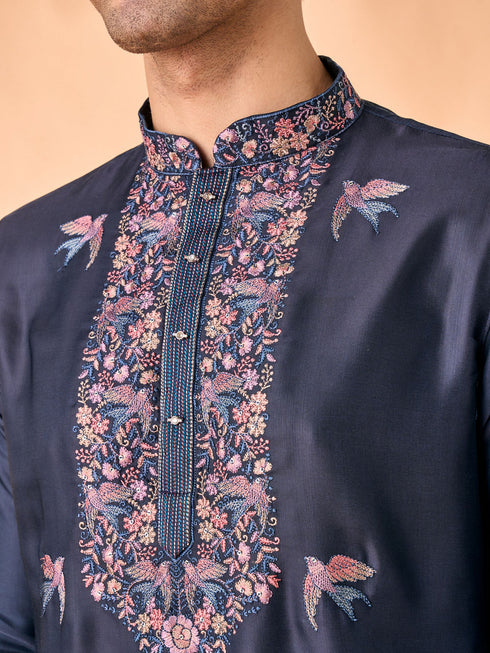 Manyavar Vibrant Dark Blue Satin Kurta Pajama