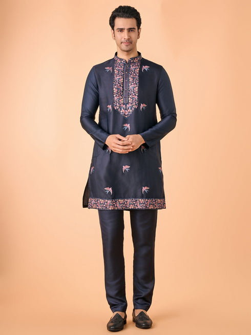 Manyavar Vibrant Dark Blue Satin Kurta Pajama