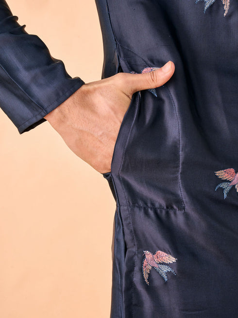 Manyavar Vibrant Dark Blue Satin Kurta Pajama