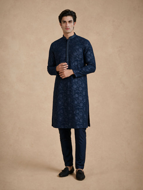 Manyavar Blue Georgette Kurta Pajama Set with Thread Embroidery & Sequin Work