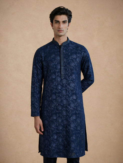 Manyavar Blue Georgette Kurta Pajama Set with Thread Embroidery & Sequin Work