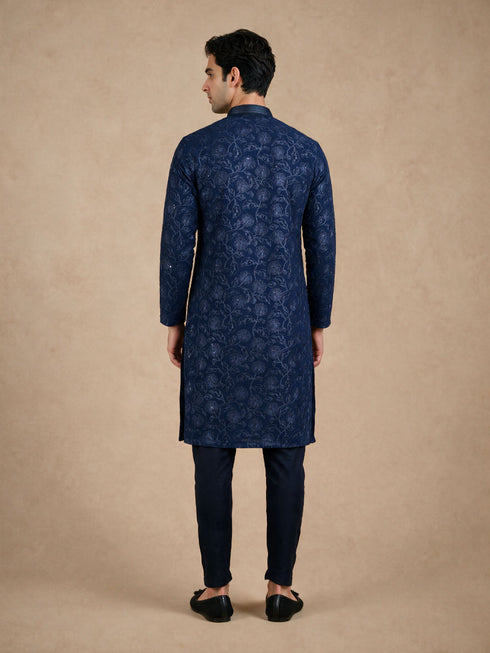 Manyavar Blue Georgette Kurta Pajama Set with Thread Embroidery & Sequin Work