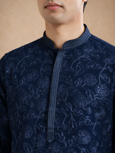 Manyavar Blue Georgette Kurta Pajama Set with Thread Embroidery & Sequin Work