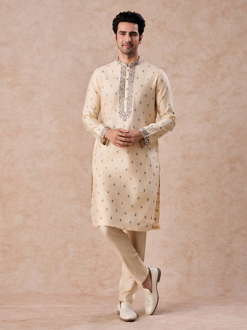 Manyavar Swanky Beige Kurta Pajama Dupatta Set