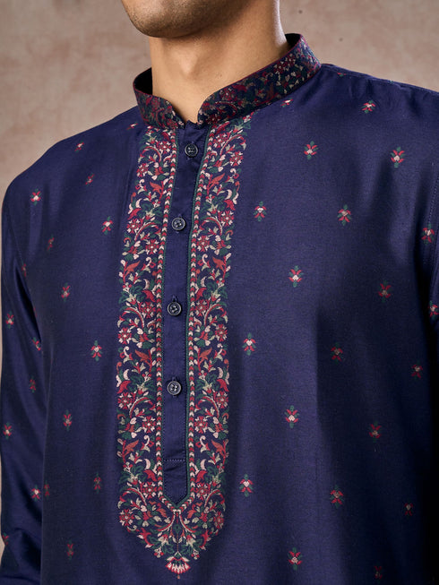 Manyavar Intricate Dark Blue Celebration Kurta Pajama Dupatta