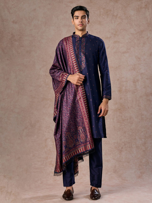 Manyavar Intricate Dark Blue Celebration Kurta Pajama Dupatta