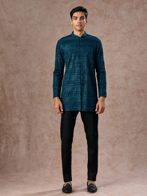 Manyavar Elegant Georgette Teal Blue Kurta Pant