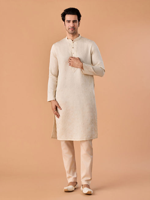 Manyavar Satin Elegance Cream Kurta Pajama