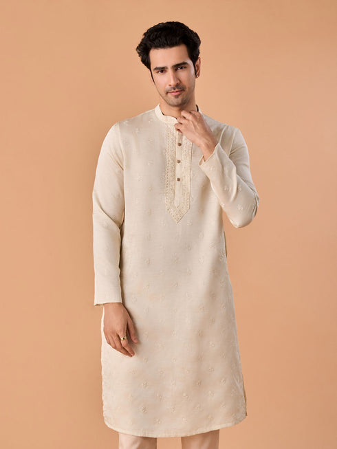 Manyavar Satin Elegance Cream Kurta Pajama