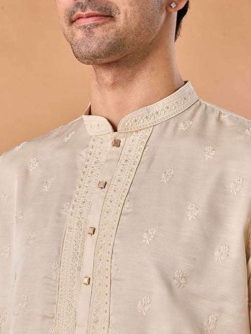 Manyavar Satin Elegance Cream Kurta Pajama